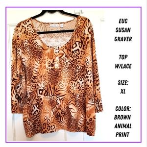 🔥EUC/SUSAN GRAVER TOP W/LACE XL BROWN ANIMAL PRINT